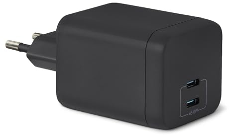 Amazon Basics Cargador de Pared USB-C Nano GaN de Carga Rápida, 65W y 2 Puertos para Ordenadores Portátiles, Tablets y Teléfonos, Negro
