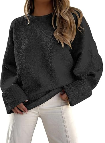 Fisoew - Maglione da donna, scollo tondo, lavorato a maglia, morbido, pullover invernale oversize, caldo, top autunnale, a maniche lunghe, sciolto, Nero , M