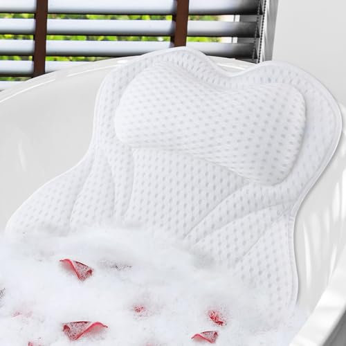 Cuscino Vasca da Bagno, Shodiffy Cuscino per Vasca da Bagno 4D Mesh Poggiatesta con 6 Ventose Antiscivolo può Supportare la Testa,Il Collo,la Schiena,per Vasca da Bagno,Spa Domestica (Bianco)