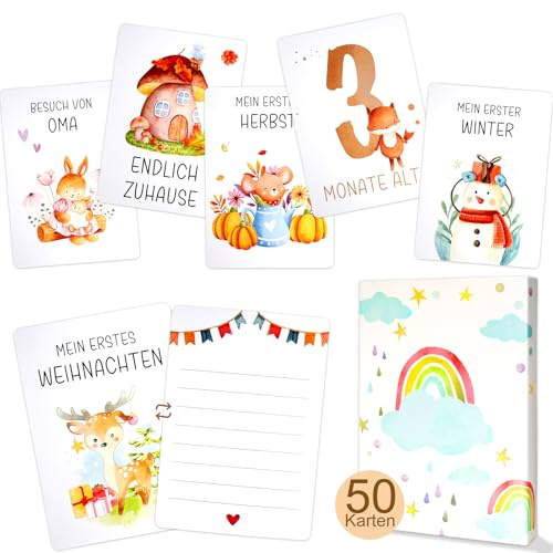 50 Meilensteinkarten Baby HXC DIN A6 Karten Boho Stil Meilensteinkarte Monatskarten Baby 1-12 Monate zur Geburt Babyparty Neugeborenen Geschenk für Mädchen Junge