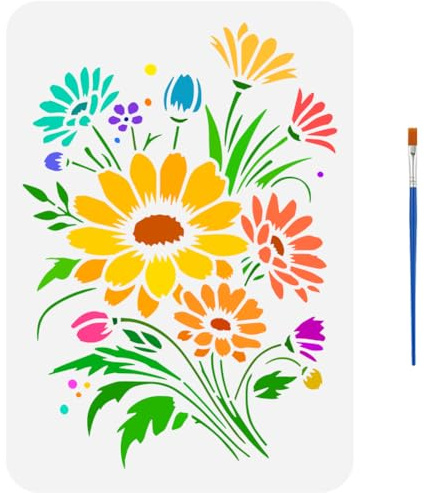 FINGERINSPIRE Stencil per Pittura A Forma di Bouquet di Fiori di Margherita con Pennello Da 21x29.7cm Moo per Disegno di Fiori di Margherita Scavati Stencil Riutilizzabile per Bouquet di Fiori Tema