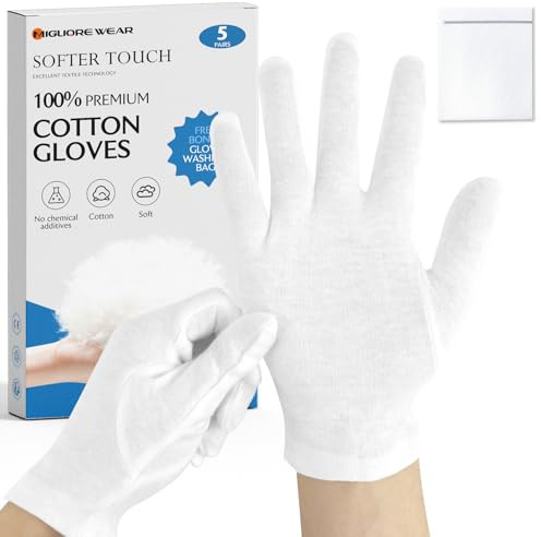 Migliore Wear Cotton Gloves for Eczema, White Cotton Gloves for Dry Hands | 5 Pairs Washable Moisturising Gloves for Sleeping, Cotton Liner Gloves Adults with 1 Free Wash Bag