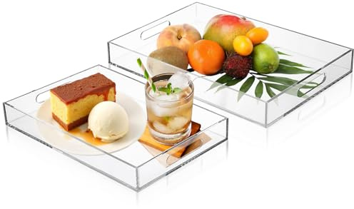 AMGSH Lot de 2 plateaux de service en acrylique transparent avec poignées coupées, 40,6 x 30,5 cm + 38,1 x 25,4 cm, plateau décoratif en acrylique pour comptoir, cuisine et service d'invités de