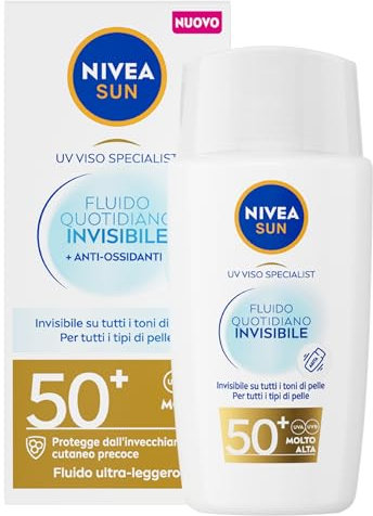 NIVEA SUN Fluido Quotidiano Invisibile SPF 50+ 40 ml, Crema viso SPF 50+ invisibile su tutti i tipi di pelle, Protezione solare viso in fluido ultraleggero e opacizzante ad assorbimento rapido