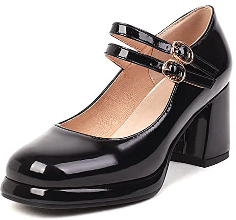 Diuniarza Damen Plateau Mary Jane Chunky Schuhe Lack Leder Party Mid Chunky Schuhe Schwarz Gr 37 EU/38