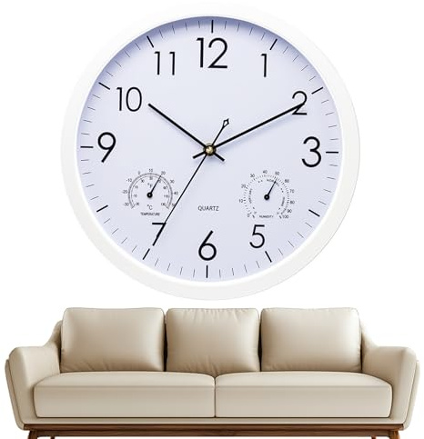 hurifeng Wanduhr mit Temperatur- und Feuchtigkeitsanzeige, 12 Zoll Quarzuhr für Wohnzimmer, Schlafzimmer, Küche, Bad - Schwarz/Weiß, Lautlos, Minimalistisch, Kunststoffgehäuse, Glasfront (Weiß)