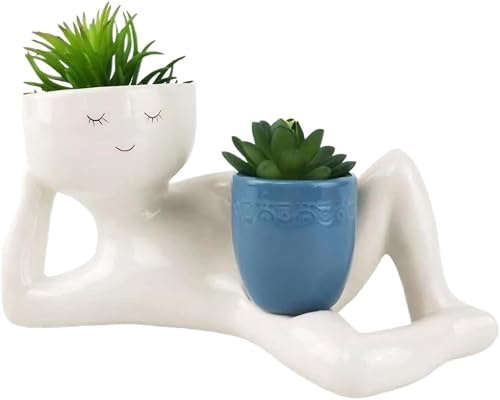 Maceta divertida con cara sonriente, maceta de tipo perezoso con agujero de drenaje, lindas macetas de resina divertidas, macetas únicas para suculentas, cactus, decoración del hogar y jardín (azul)