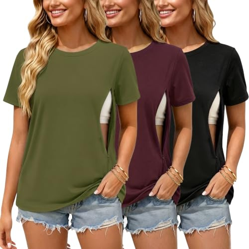 Love2Mi Set da 3/4 Magliette per Allattamento con Cerniera Nascosta, Apertura per l'Allattamento, T-Shirt Premaman per Donne Incinte, XXL