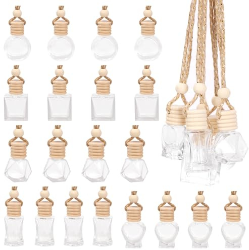Swpeet 20 difusores de perfume colgantes de 5 tamaños, 5/6/7/8/10 ml, difusor de ambientador, botellas de aceite esencial de vidrio transparente vacías recargables para coche, frascos colgantes de
