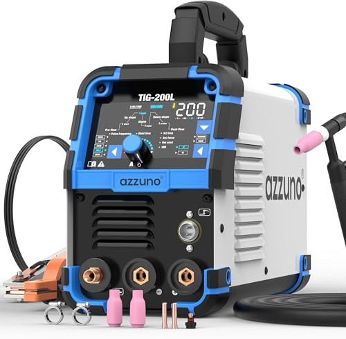 AZZUNO 200A TIG Welder With Pulse Cold, 5-in-1 DC HF TIG/PULSE TIG/COLD/SPOT TIG/STICK, 110V&220V Dual Voltage TIG Welding Machine with Large LED Display