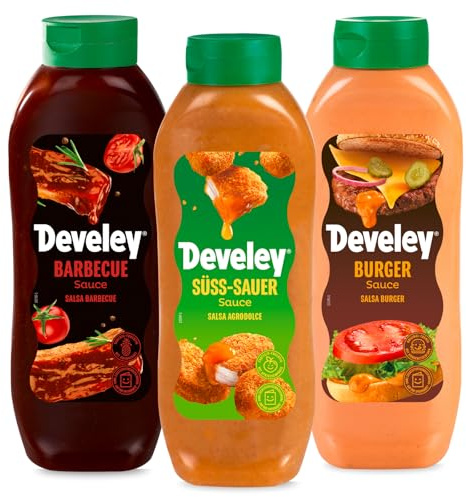 Develey – Saucen-Set 3x875 ml Squeeze-Flaschen im Bundle – Bundle bestehend aus Barbecue, Süßsauer & Burger Saucen - Perfekt für viele Gerichte als Topping oder Dip