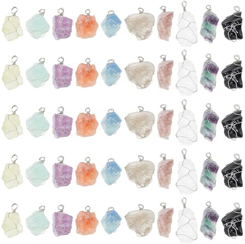 SUPERFINDINGS 50Pcs 10 Colors Natural Crystal Stone Pendant 4cm/1.6 Chakra Crystal Stone Charm Silver Plated Wire Wrapped Quartz Gemstone Charms Irregular Gemstone Charm for DIY Jewelry Making Crafts