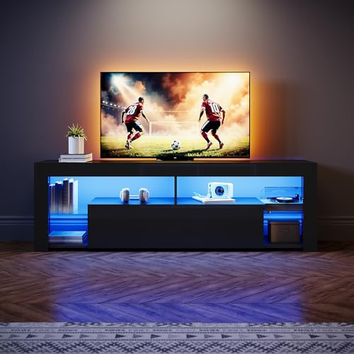 SONNI Lowboard mit LED (16 Farben) 160x35x50.5cm Glasböden Hochglanz Schwarz