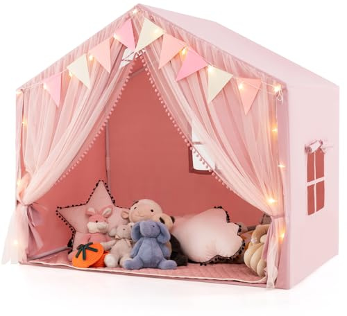 COSTWAY Tente de Jeux Enfant avec Rideaux en Tissu & Moustiquaire, Cabane Enfant Intérieure avec Guirlandes Lumineuses Étoiles & Fanions à Carreaux, Tapis Lavable, Maison de Jeux pour 3 Ans+ (Rose)