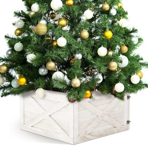 GlikCeil 22'' L Wooden Christmas Tree Collar Box Christmas Tree Skirt Stand Base Cover Rustic Farmhouse Bottom Cover Box for Xmas Party Holiday Decorations(White)