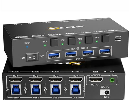 8K@60Hz 4K@144Hz HDMI KVM Switch 1 Monitor 4 Computer with 4 USB 3.0 Devices, 𝐒𝐮𝐩𝐩𝐨𝐫𝐭 𝐀𝐮𝐝𝐢𝐨 𝐎𝐮𝐭𝐩𝐮𝐭 𝐚𝐧𝐝 𝐄𝐃𝐈𝐃 𝐒𝐢𝐦𝐮𝐥𝐚𝐭𝐢𝐨𝐧, with Power Adapter and 4 USB 3.0 Cables