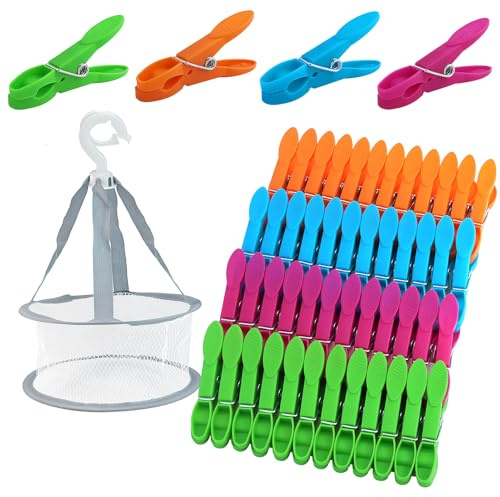 48 mollette da bucato con cestino, fermagli per vestiti in plastica, Mollette Per Bucato, Mollette di Plastica Colorate, resistente al vento, per fili e vestiti, calzini