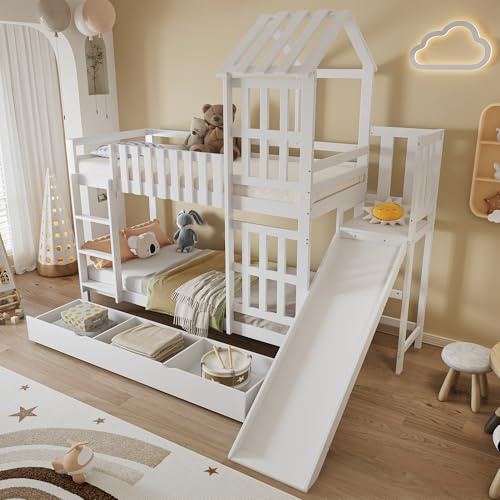 NNJN Lettino a castello, grande cassetto con ruote, scivolo divertente per bambini, tetto e finestra, in pino + MDF + compensato, bianco, 90 x 200 cm