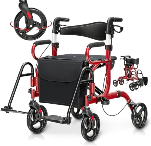 RELAX4LIFE Déambulateur 4 Roues Pliable Léger Aluminium, Poignée Réglable 87-99 CM, Rollator Adulte, Dossier Réversible, Siège, Repose-Pieds, Porte-Canne, Charge 160 KG pour Agés Handicapés (Rouge)