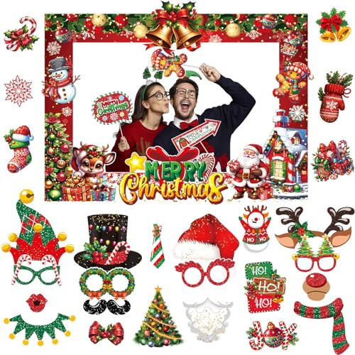Xunerloy Weihnachten Foto Requisiten mit Fotorahmen, 31 Stück Weihnachten Foto Booth Props Fotobox Accessoires für Weihnachtsdeko, Weihnachtsaccessoires und Weihnachtsfeier Deko