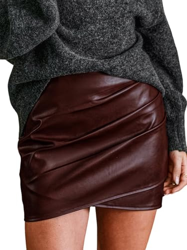 CUPSHE Women’s Mini Skirt Faux Leather High Waist Asymmetrical Hem Bodycon Clubwear Party Skirt Outfits Burgundy L