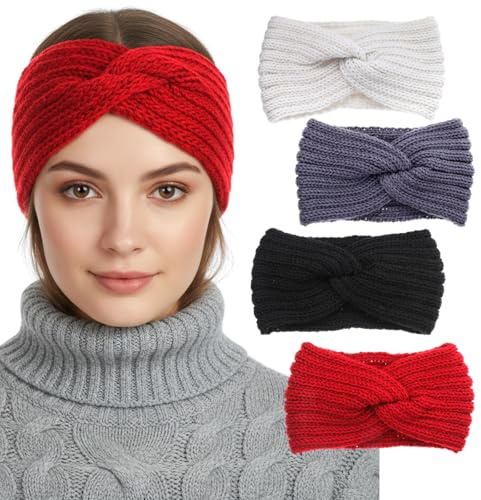 SHENLIU 4 stycken pannband dam vinter, vinter stickad kvinnor, höst och vinter mångsidigt hårband öronvärmare elastisk tjock huvudbonad (svart beige ljusgrå + röd)