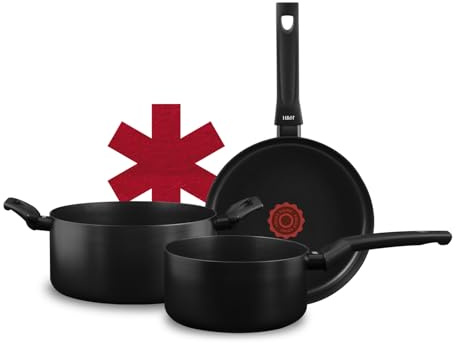 H&H Batteria Pentole 8 Pezzi Focus con Rivestimento Antiaderente Pfluon Nero, Casseruole, Padelle e Coperchi in Vetro con Silicone, Fondo Universale per Tutti i Piani di Cottura