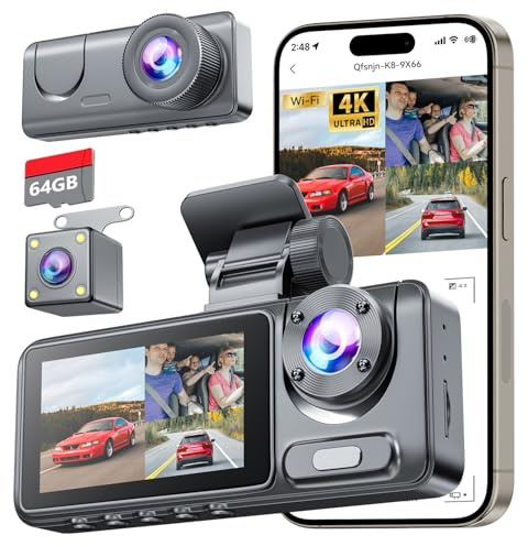 Dash Cam with 64GB SD Card, 3 Channel Dash Cam Front and Rear, 4K Full HD Dashcam for Cars, Dashcam Front and Rear Camera with Night Vision, Loop Recording, 24H Parking Mode, G-Sensor, 170°Wide Angle