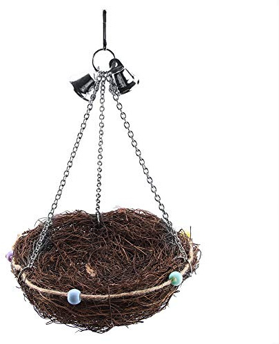 Columpio de Nido de Paja para pájaros de ratán, Juguete Colgante con Campanas, Accesorios multifuncionales para Jaula para Loros pequeños y medianos, Soporte masticable Colorido, (27 * 20cm)