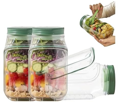 Flossty pot salade a emporter salade pod to go, bol intégré + étui à sauce anti-fuite, rangement portable en plastique pour fruits et déjeuner, 300 ml (2 Pièces.)