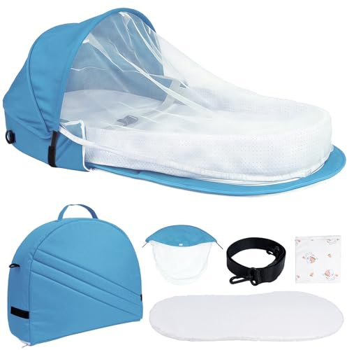 Huracan Baby Nestchen Faltbares, Babynest mit Moskitonetz & Schultergurt, Portables kuschelnest mit Schaumstoffmatratze & Baumwolldecke, baby bett Atmungsaktiv Baumwolle für zuhause & unterwegs, Blau