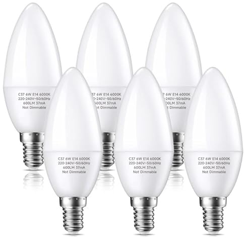 swesara Ampoules LED E14 6W C37: Lot de 6, Blanc Chaud 3000K, Equivalente à 60W Ampoules Incandescentes, 600LM, C37 LED Ampoule Culot E14, Non-Dimmable