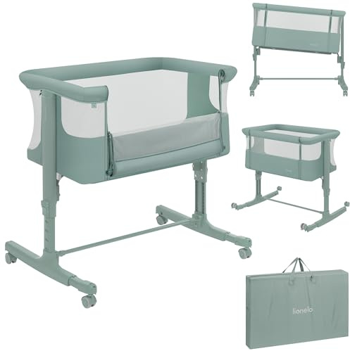 Lionelo Aurora 3-i-1 Babysäng upp till 9 kg – Sidosäng Co-Sleeper, Vagga & Fristående Spjälsäng med Höjdjustering, Lutningsfunktion, Meshpaneler, 4 Hjul med Broms, Madrass & Bärväska, Sage Grön