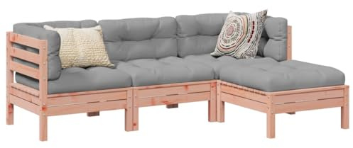 Ordellia 4-TLG. Trädgårdssocka, massivt trä douglasi, grå kudde, modulär utomhus uteplats möbelset, robust balkong loungesoffa, 63 x 63 x 62,5 cm