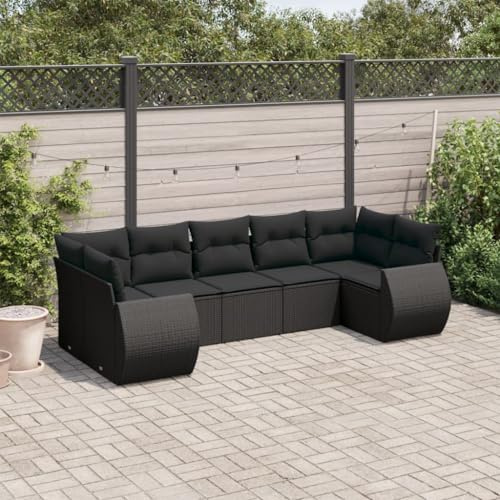 Owoxanthellate Owox 7-TLG. Poly-Rattan-Gartensofa Schwarz 326×62×69 cm modulare Eckbank wetterfest mit Stauraum UV-Kissen Terrassen-Sitzgruppe