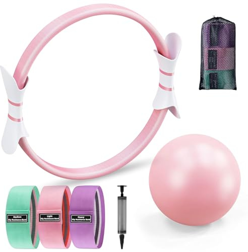 Pilates Ring Set mit Pilates Ring und Ball, Widerstandsbändern für Zuhause | Pilates Equipment Set, Pilates Essential Kit mit Magic Circle, Yoga Ball, 3 Fitnessbänder, Home Pilates Set für Frauen