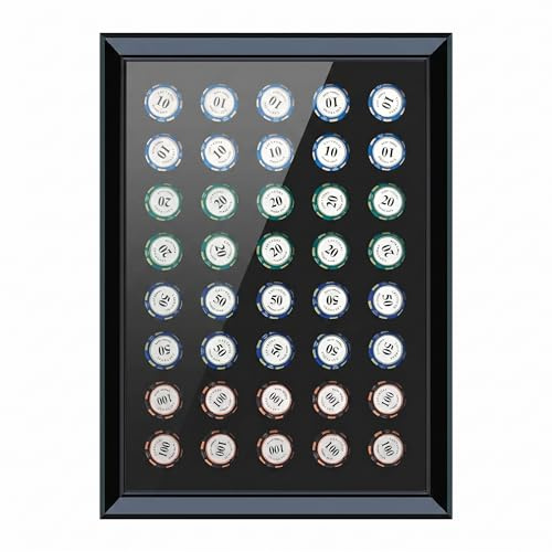 Wooden Poker Chip Display Cases Holding 40 Chips,Casino Collector's Poker Chips Solid Wood Frame with HD Glass Panel ，98% UV Protection and 95% Clarity for Wall Mount or Tabletop Display,12.9X17.7