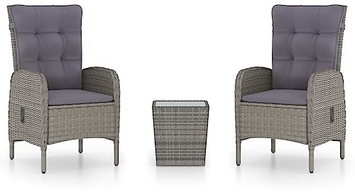 Qnhdfrt 3-TLG. Bistro-Set aus Poly-Rattan, Gartenmöbel Sitzgruppe mit Tisch und 2 verstellbaren Stühlen, Balkonmöbel Set mit Glasplatte und Sitzpolstern, Grau