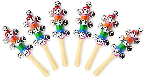 ZEAVOLA 6Pcs Wooden Jingle Hand Bells,Rainbow Handle Wooden Bells Jingle Stick Shaker Rattle Baby Kids Children Musical Toys