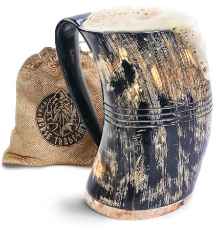 Norse Tradesman Genuine XL Viking Drinking Horn Mug - 100% Authentic Beer Horn Tankard with Hardwood Bottom & Ring Engravings | The Eternal, Unpolished, Approx. 2 Pints