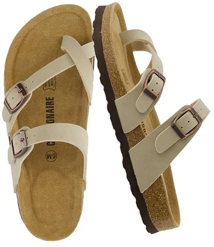 CUSHIONAIRE Luna Sandals for Women, Cork Footbed Womens Sandals for Summer Comfort with Adjustable Straps, Wide Width Available, STONE 9