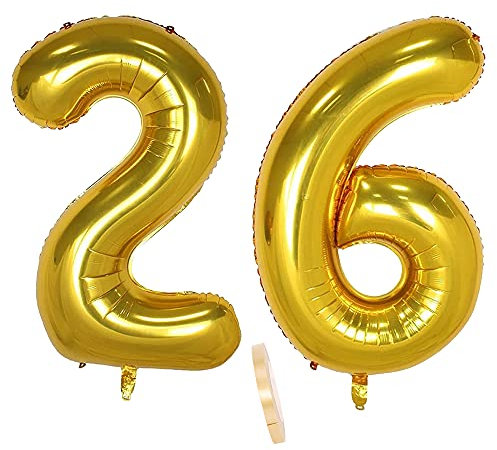 2 globos numeros 26 años, Number globo número 26 Dorado para Hombres Mujeres niños,40 Figuras Gold globo de lámina de helio inflable, gigante grande decoración fiesta de cumpleaños boda (xxxl 100cm)