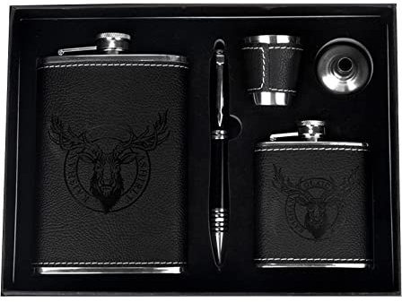 Cuir Flasque Portable 9 Oz Hip Flask en Acier Inoxydable avec Tasses et Entonnoir Bouteille de Poche Étanche Boîte Flasque Alcool Cadeau pour Hommes Camping Voyage Pêche et Escalade,A