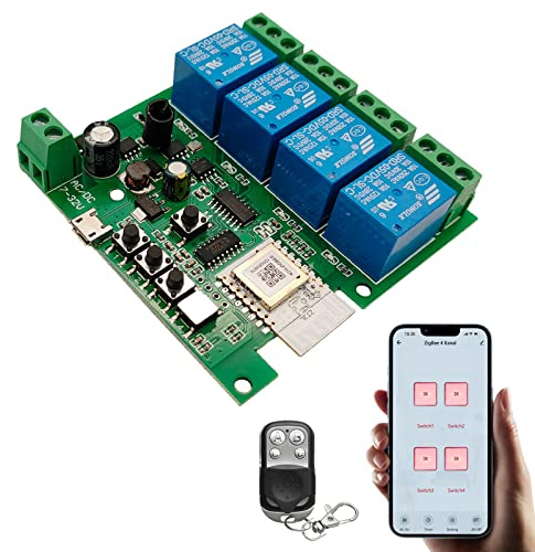 Jane Eyre 4 Kanal Tuya Zigbee Smart Switch, Jog/Selbstsperrendes Relais DC/AC 7-32V mit 433Mhz RF Fernbedienung für die Verwendung mit Alexa Google Home (erfordert Tuya ZigBee3.0 Gateway Hub)