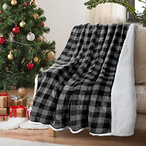 Catalonia Classy rutig sherpafilt, överkast, fluffig buffelfilt, jul, rutig, varm plysch-mikrofiber-vinter-vändbar filt för soffa, bäddsoffa, 150 x 130 cm, svart pläd