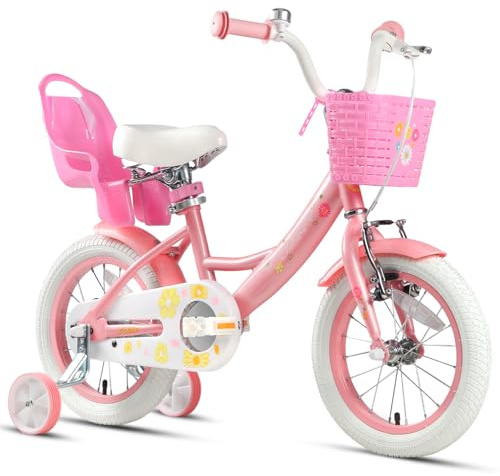 Glerc Maggie Girls Bike, 14 Inch Kids Bike for 3-5 Years Old Children, Princess Style Kids Bicycle with Doll-Seat & Basket & Training Wheels, Pink & White