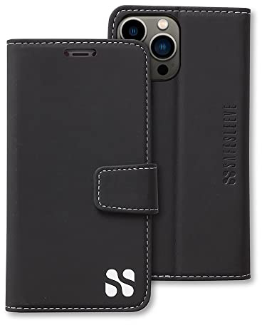 SafeSleeve EMF Protection Anti Radiation iPhone 14 Pro MAX Case, RFID EMF Blocking, Card Holder Wallet, Vegan Leather, Adjustable Stand Cell Phone Case, for Women & Men (Black)