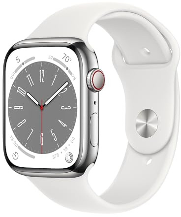 Apple Watch Series 8 (GPS + Cellular, 45MM) Silver Stainless Steel Case with White Sport Band (Renewed)