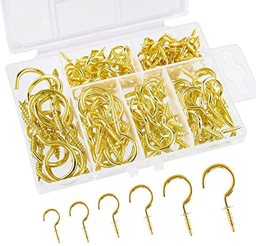 JSUOEO Lot de 130 crochets de plafond, crochets à visser en acier inoxydable, multi-tailles, crochets de plafond, métal (doré)