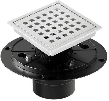 EXF Square Shower Drain 4-3/8 Inch Brushed Nickel, Stainless Steel Shower Floor Drain Kit with ABS Flange, Removable Cover Grid Grate, Hair Strainer